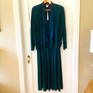 Vintage Wild Rose Green Dress & Satin Jacket Set Button Front 80s Elegant Sz 16